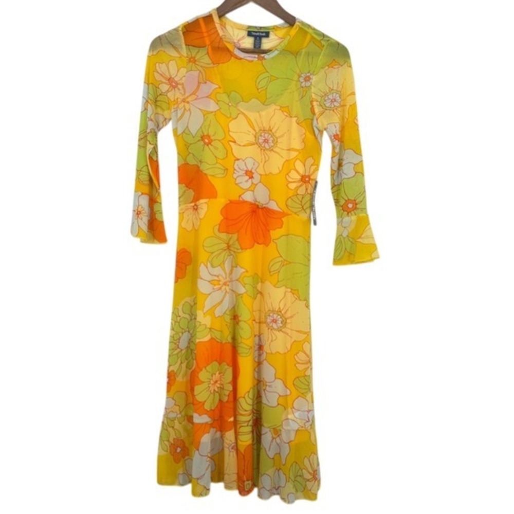 Modcloth Retro Tropicana Isle Mesh Midi Dress Yellow Orange 70s Womens Small NWT
